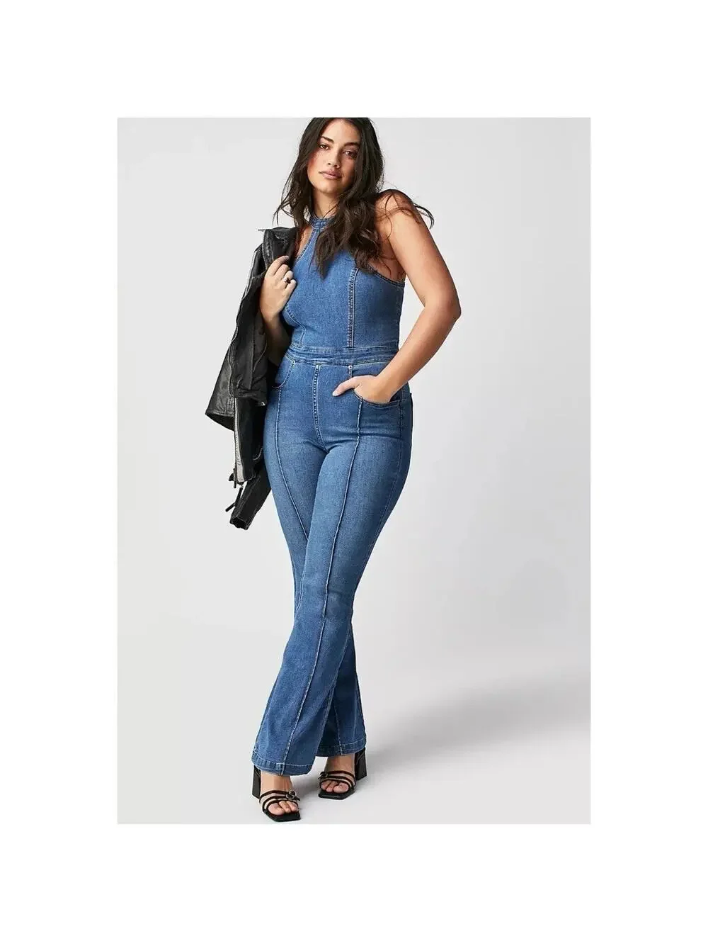 Free People We The Free CRVY Sydney Denim Jumpsuit SIZE 12 Stretch Boho Festival